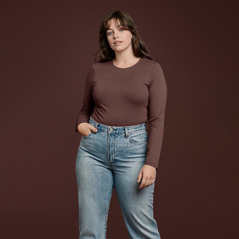 Nuuds Women's Long Sleeve Ribbed Crewneck Bodysuit - Coffee / XXL